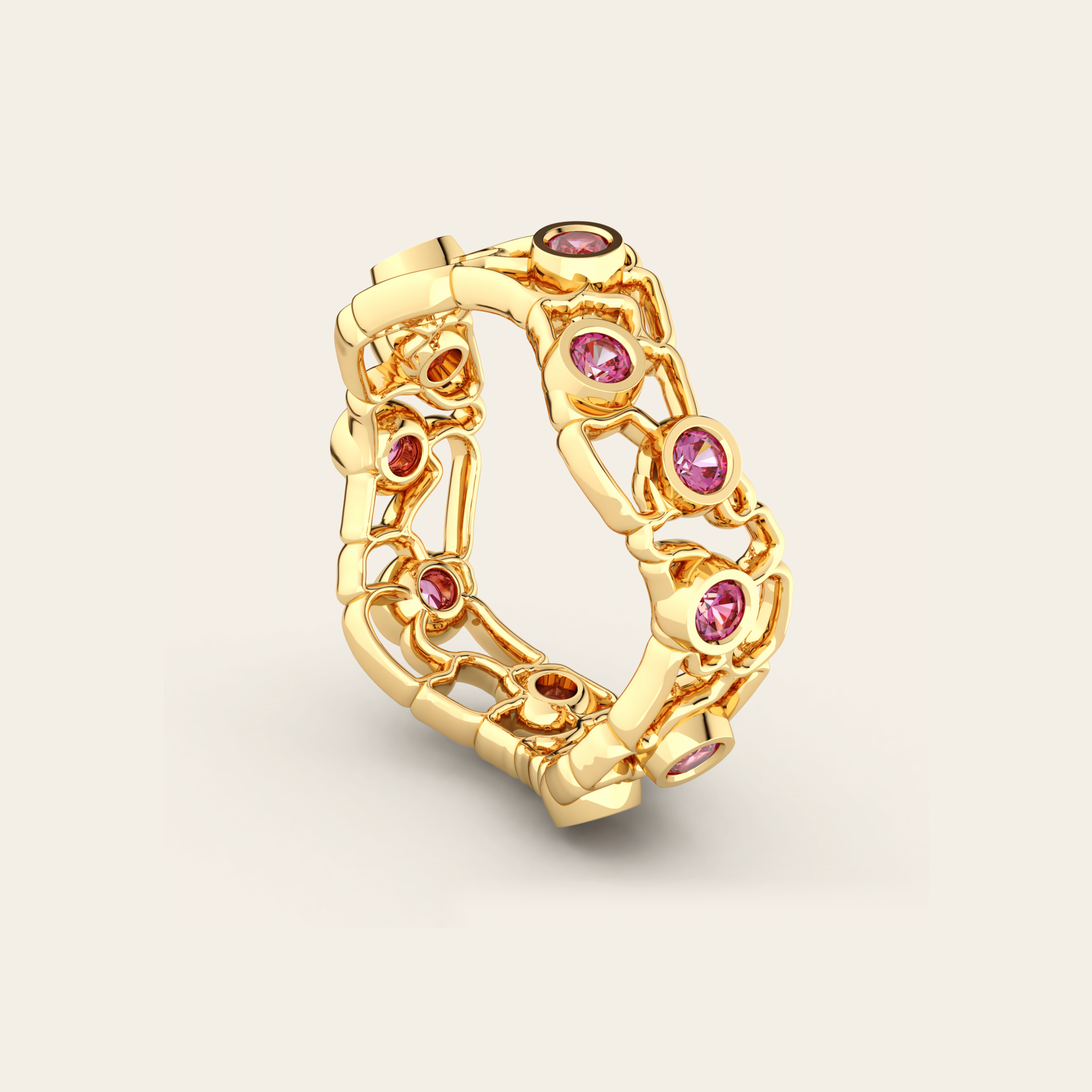 Cracked Earth Ring with Pink Sapphires in 18k Yellow Gold