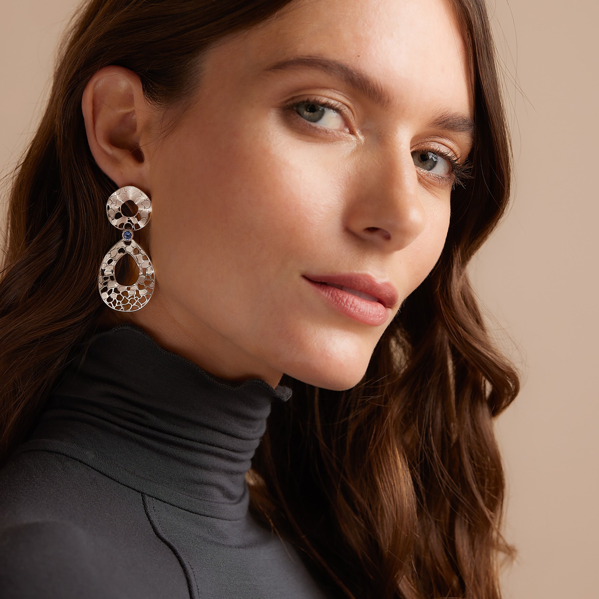 Cracked Earth Dangle Earrings with Blue Sapphires in 18k White Gold