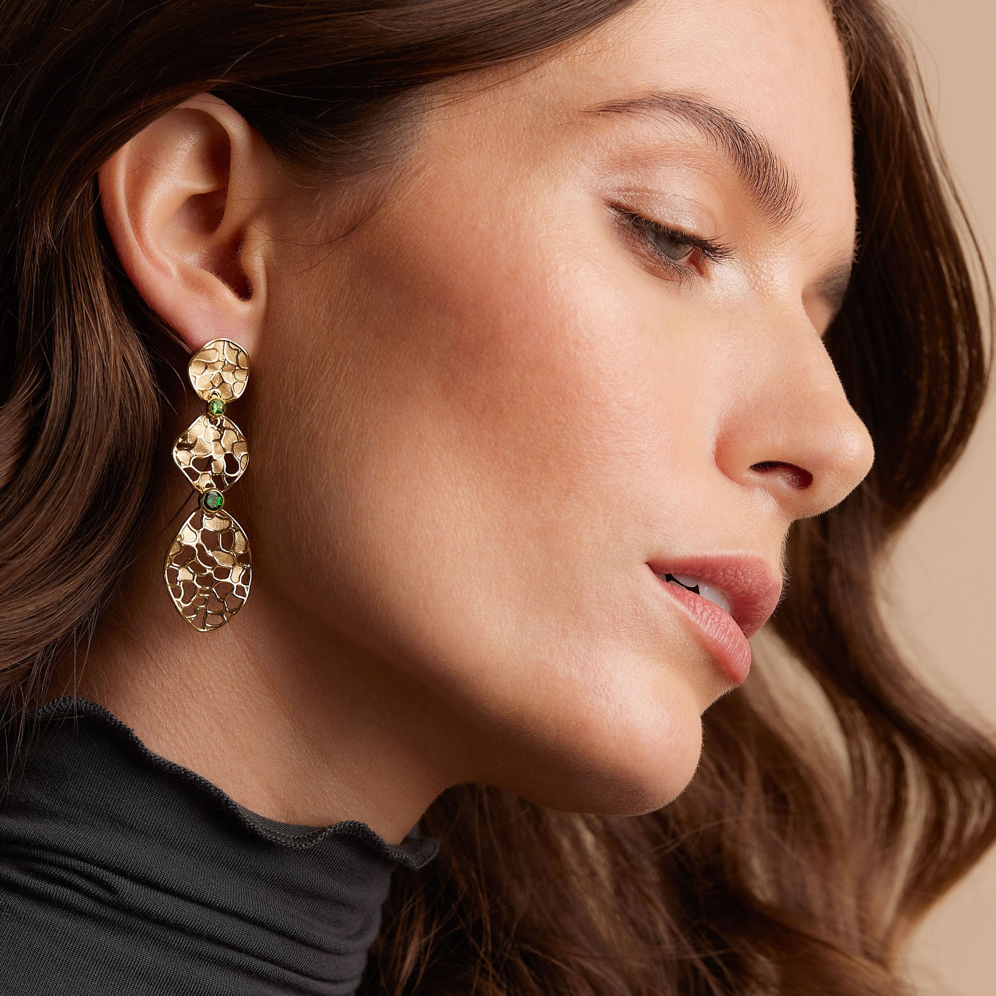 Extended Cracked Earth Dangle Earrings with Tsavorite Garnets in 18k Yellow Gold