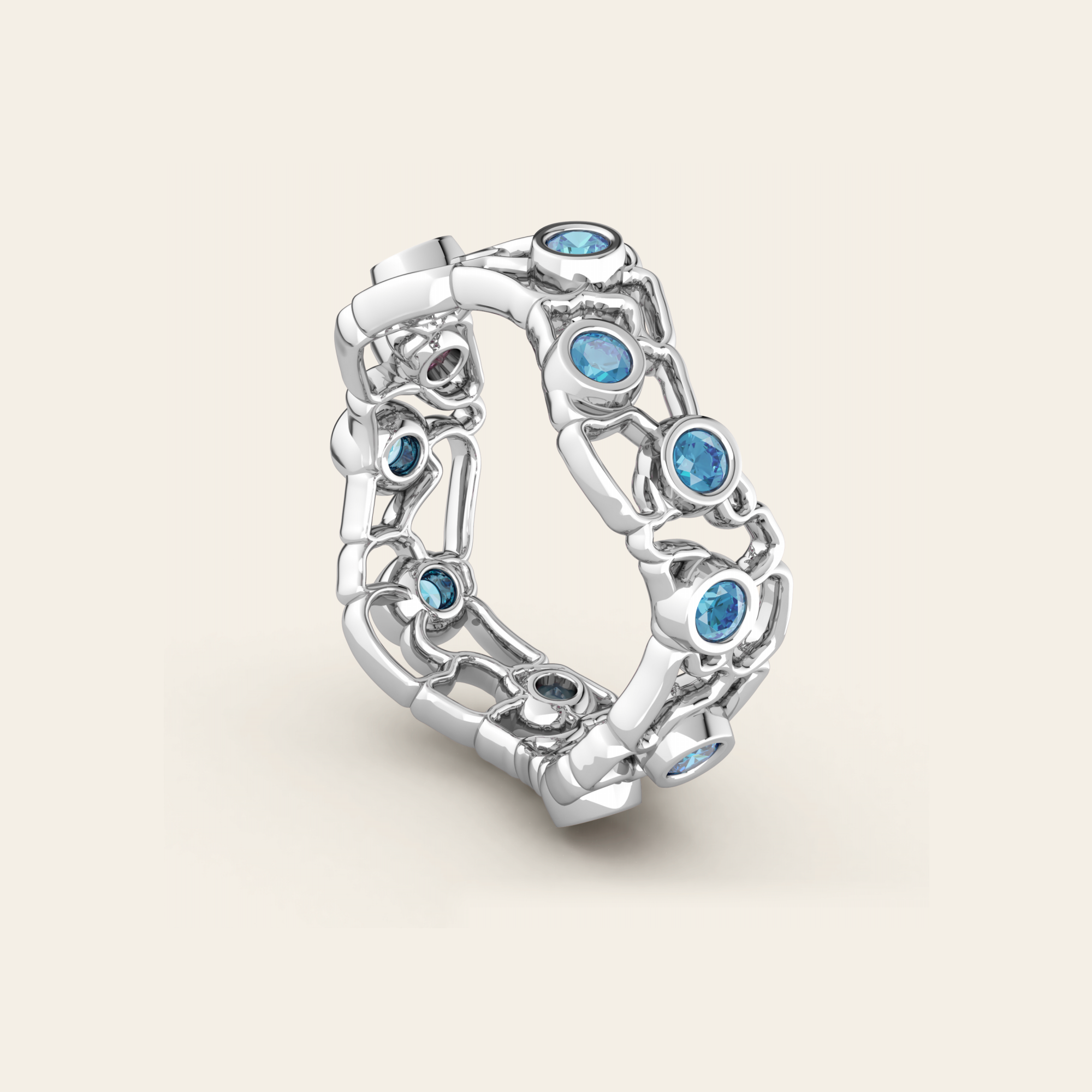 Cracked Earth Ring with Blue Zircons in 18k White Gold