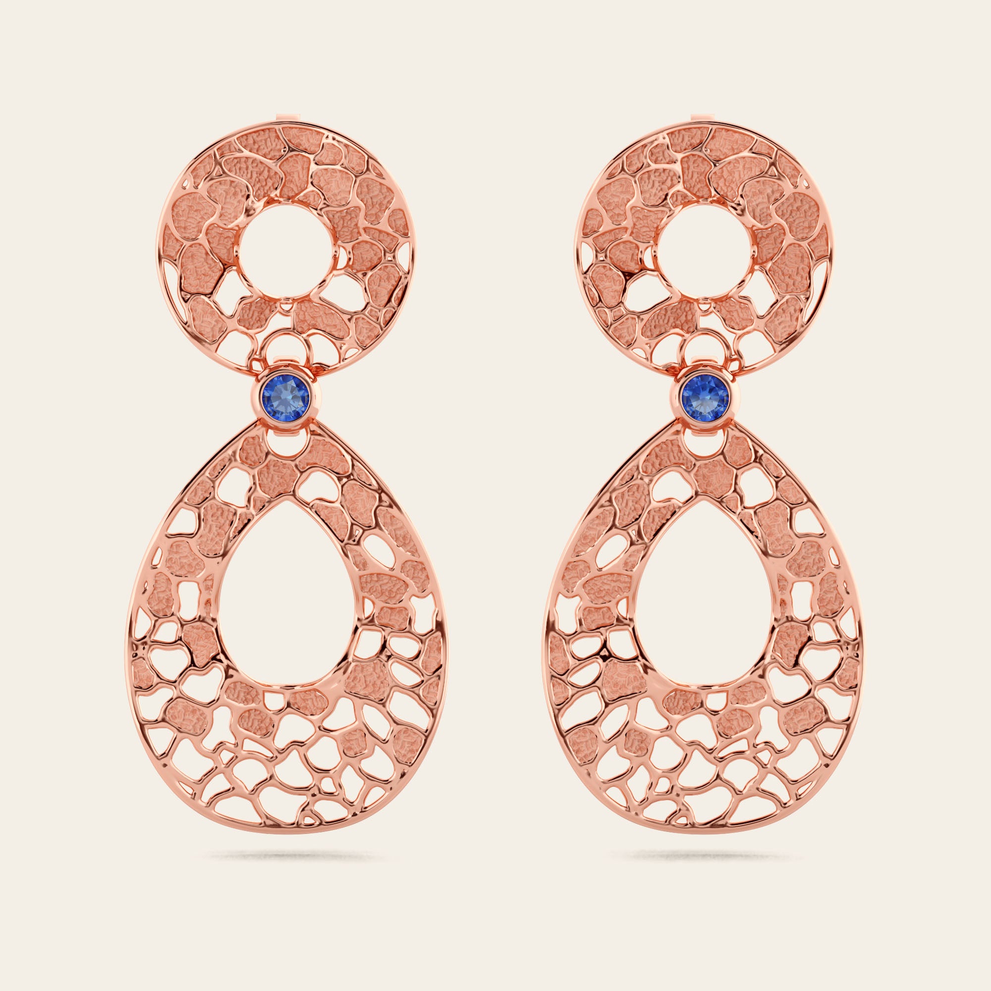 Cracked Earth Dangle Earrings with Blue Sapphires in 18k Rose Gold