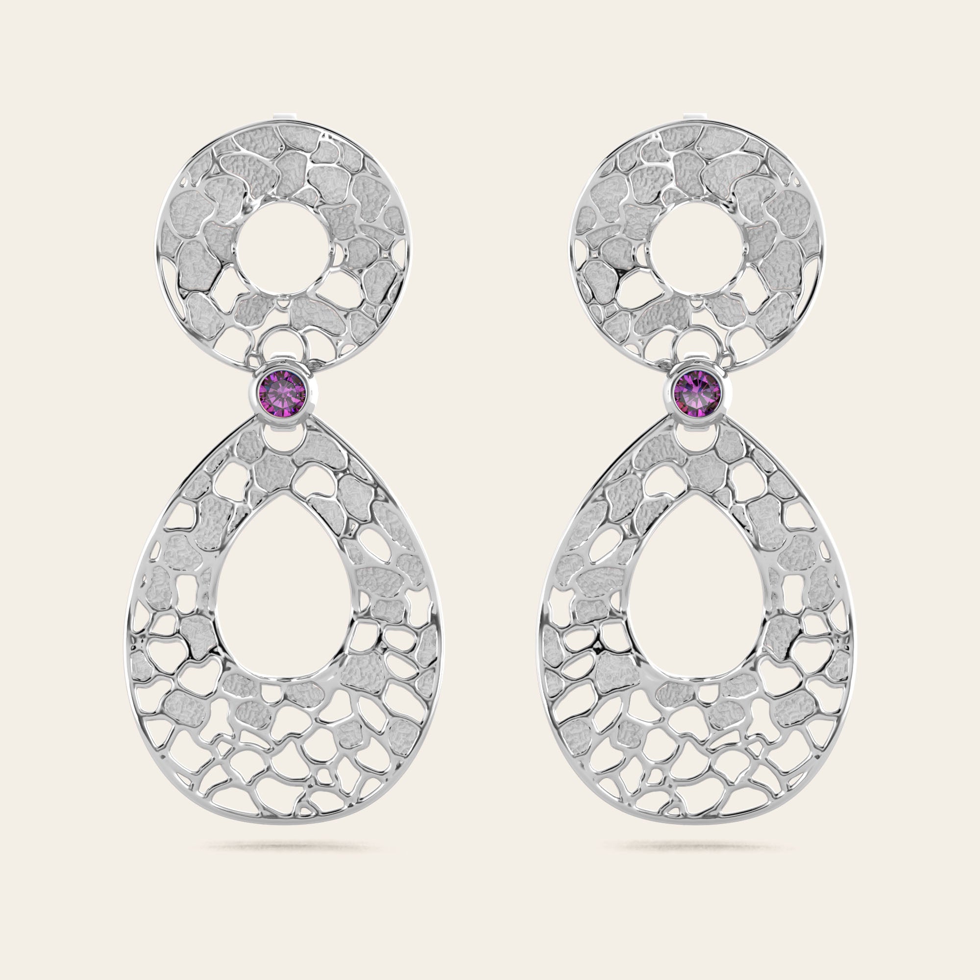 Cracked Earth Dangle Earrings with Purple Garnets in 18k White Gold
