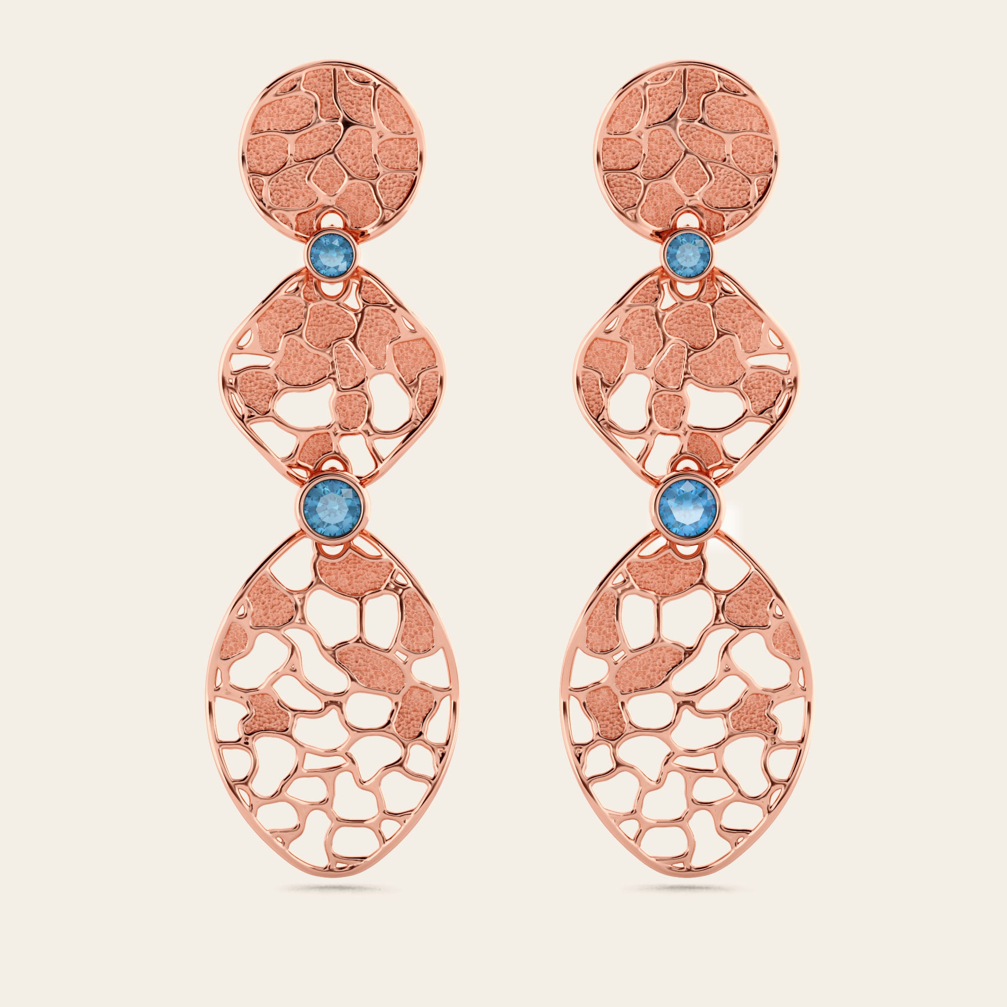 Extended Cracked Earth Dangle Earrings with Blue Zircons in 18k Rose Gold
