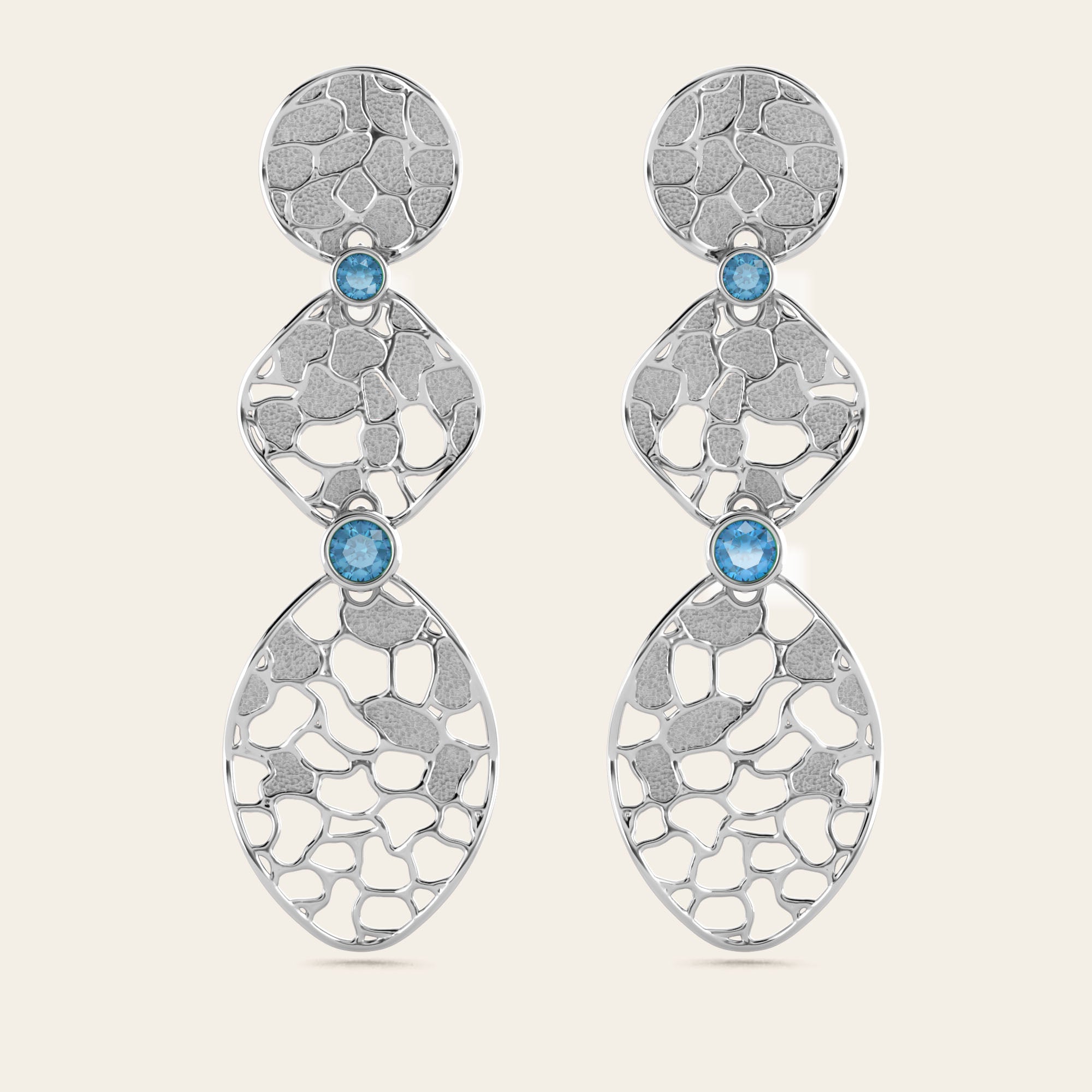 Extended Cracked Earth Dangle Earrings with Blue Zircons in 18k White Gold
