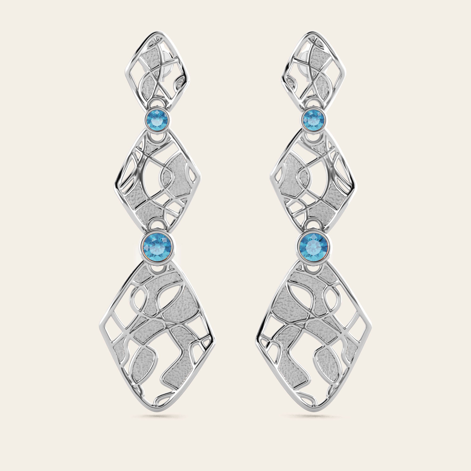 Cascade Extended Dangle Earrings with Blue Zircons in 18k White Gold