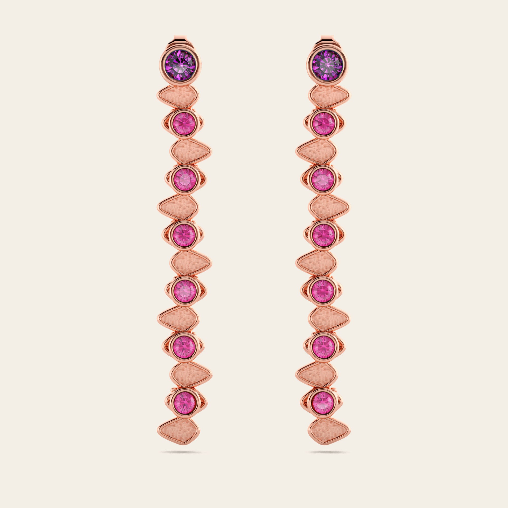 Double Cadence Dangle Earrings with Purple Garnets and Pink Sapphires in 18k Rose Gold