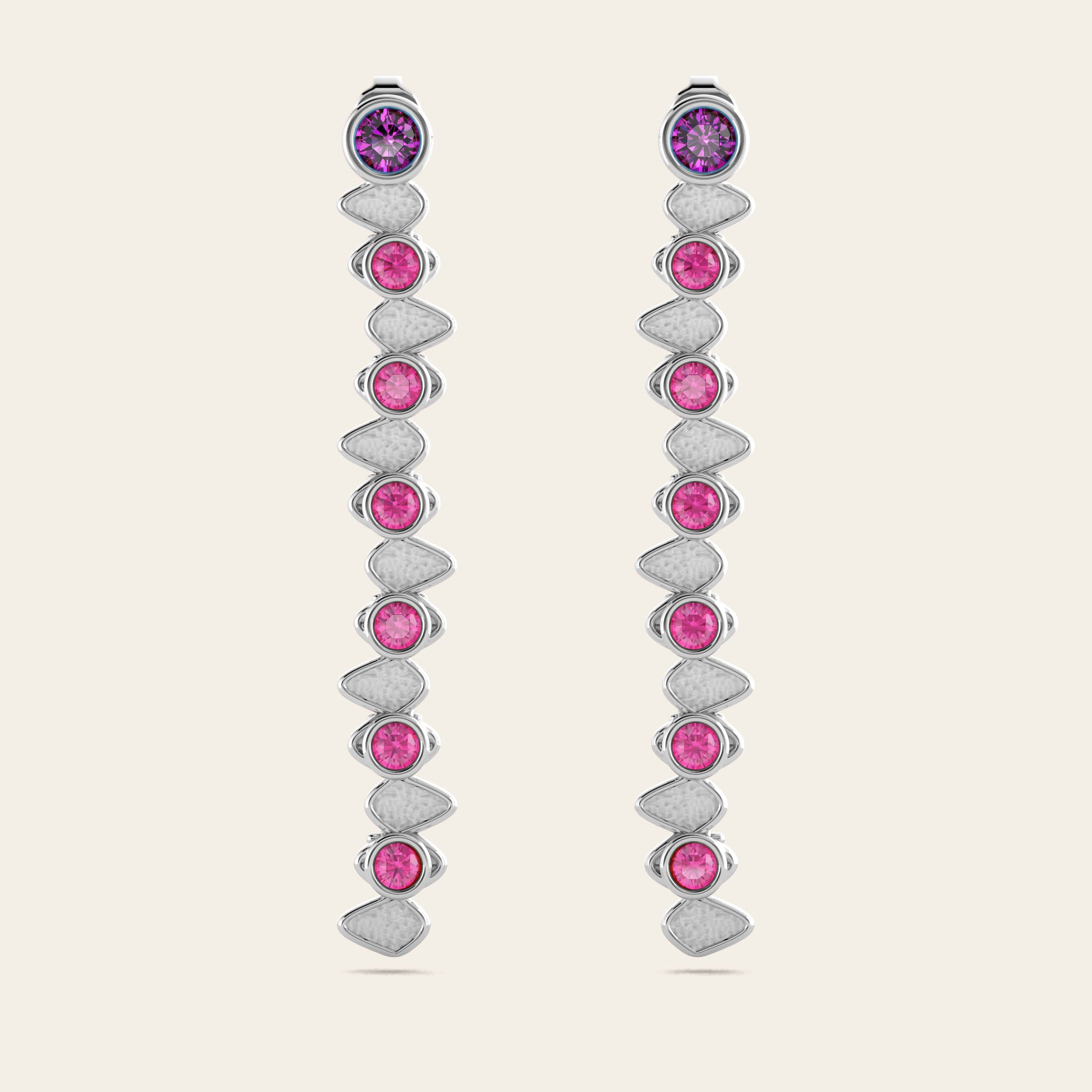 Double Cadence Dangle Earrings with Purple Garnets and Pink Sapphires in 18k White Gold