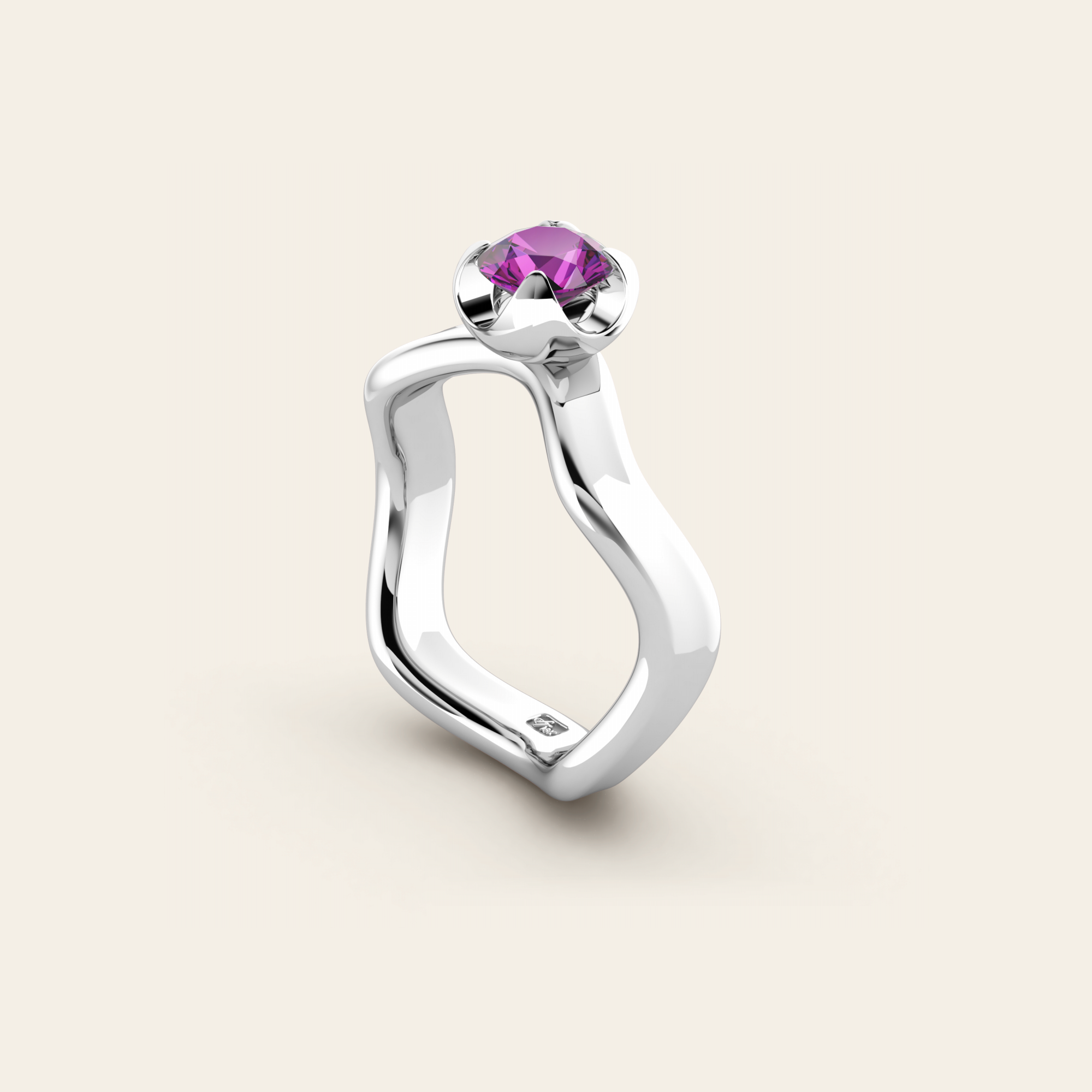 The Smooth Curve Ring with Purple Garnet in 18k White Gold