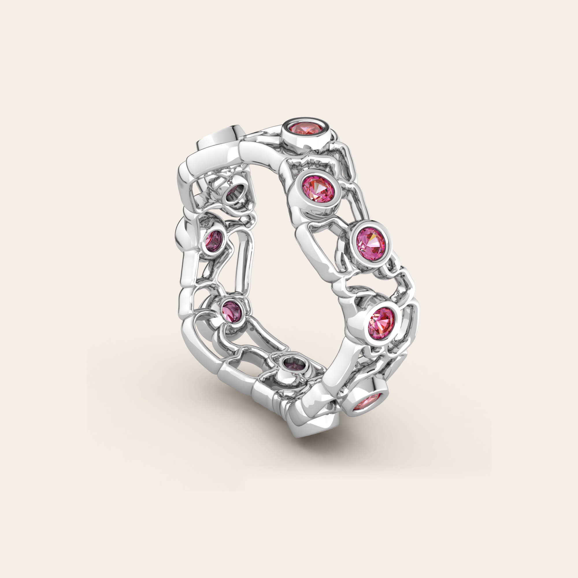 Cracked Earth Ring with Pink Sapphires in 18k White Gold