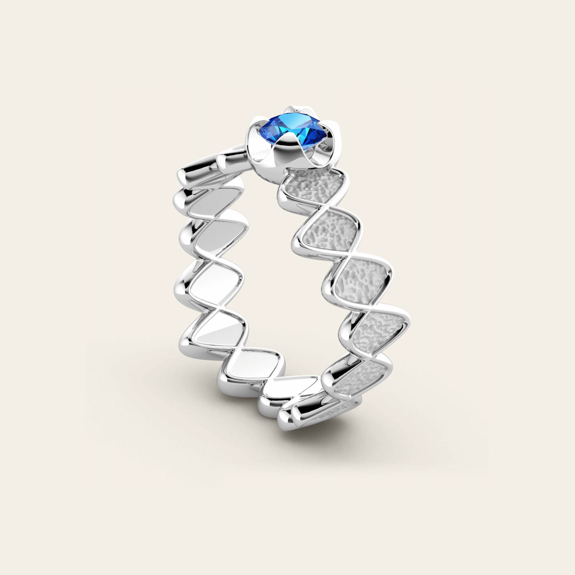 Double Cadence Ring with Blue Sapphire in 18k White Gold