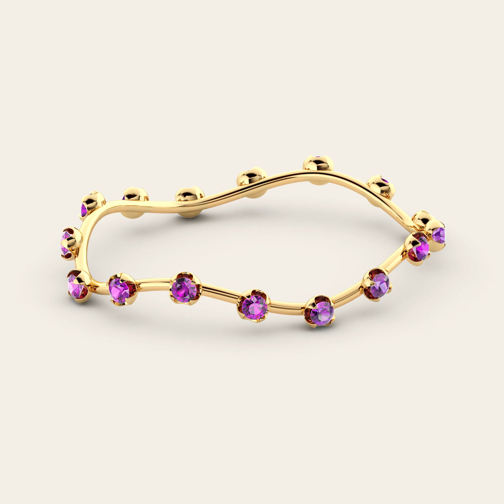 The Curve Bangle with Purple Garnets in 18k Yellow Gold